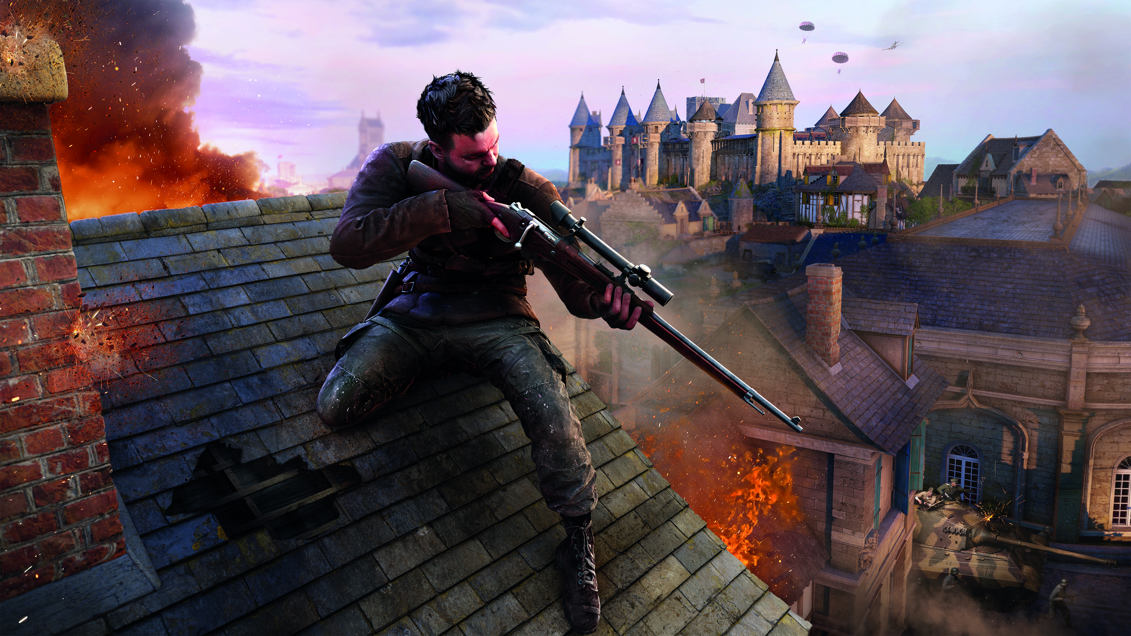 Game footage of soldier on the roof with a gun
