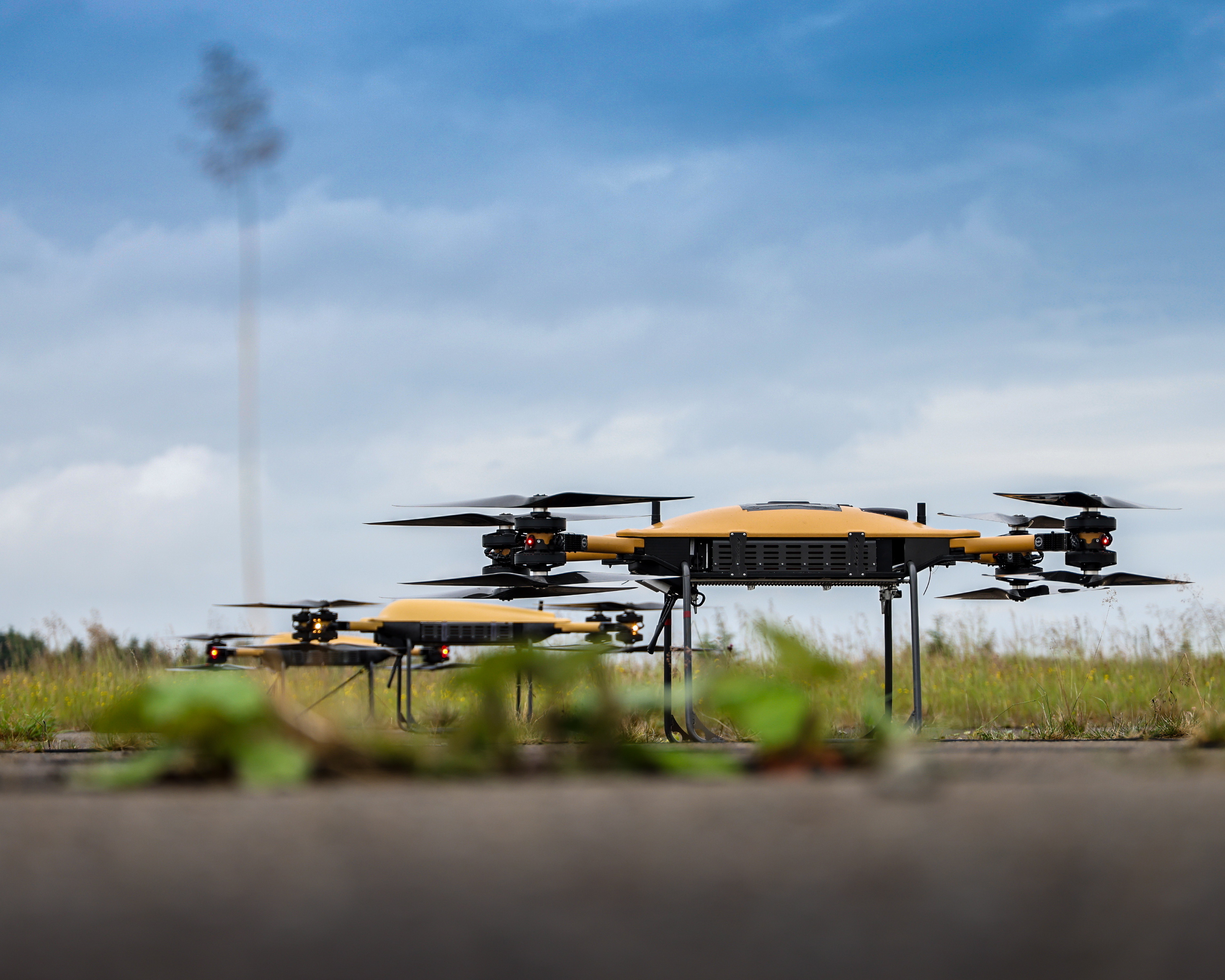 Rows of yellow drones on ground