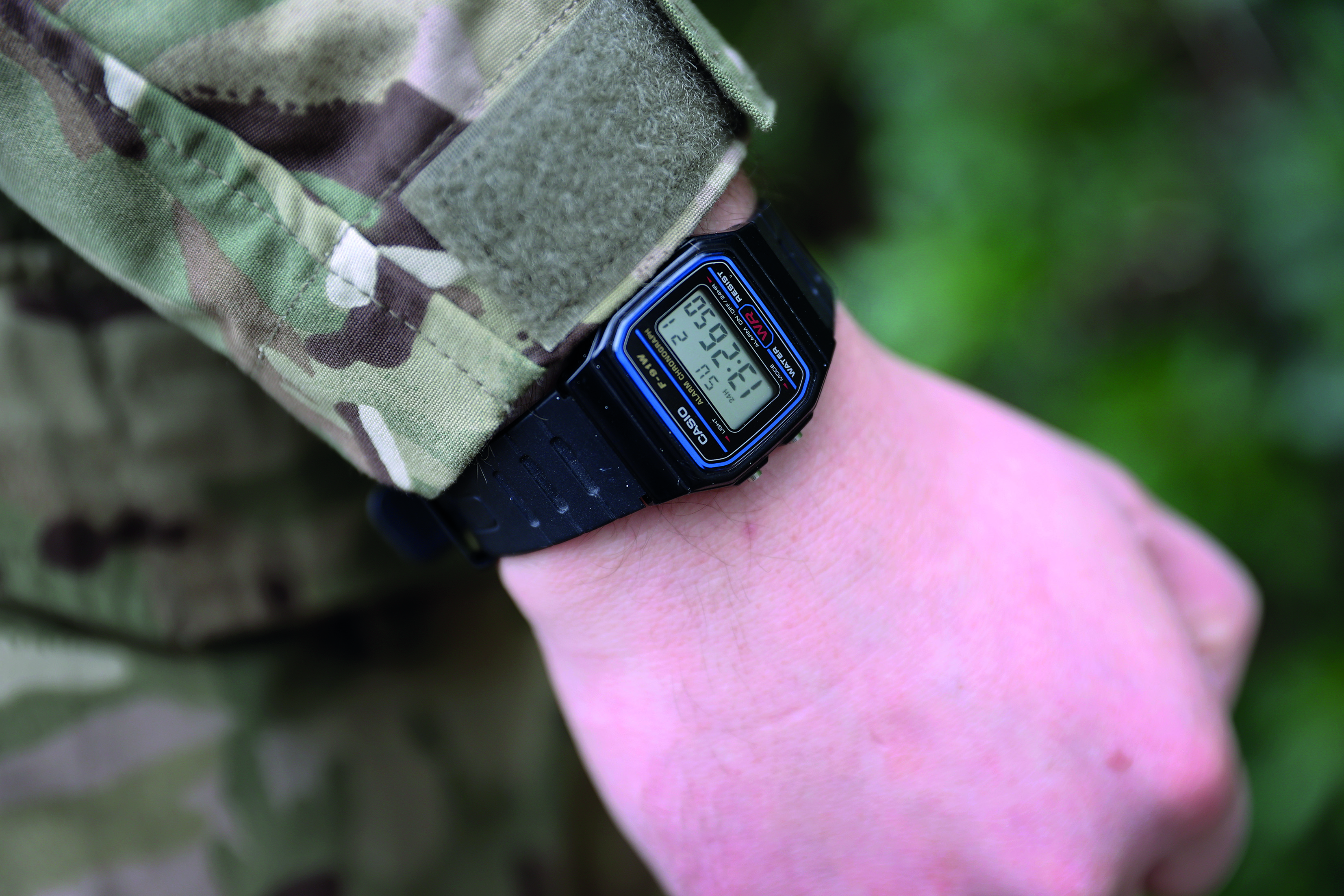 Close up of watch on soldiers wrist